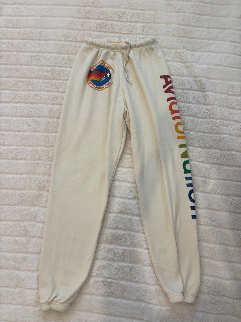 Aviator Nation Cream Sweatpants with Rainbow Logo and Side Lettering